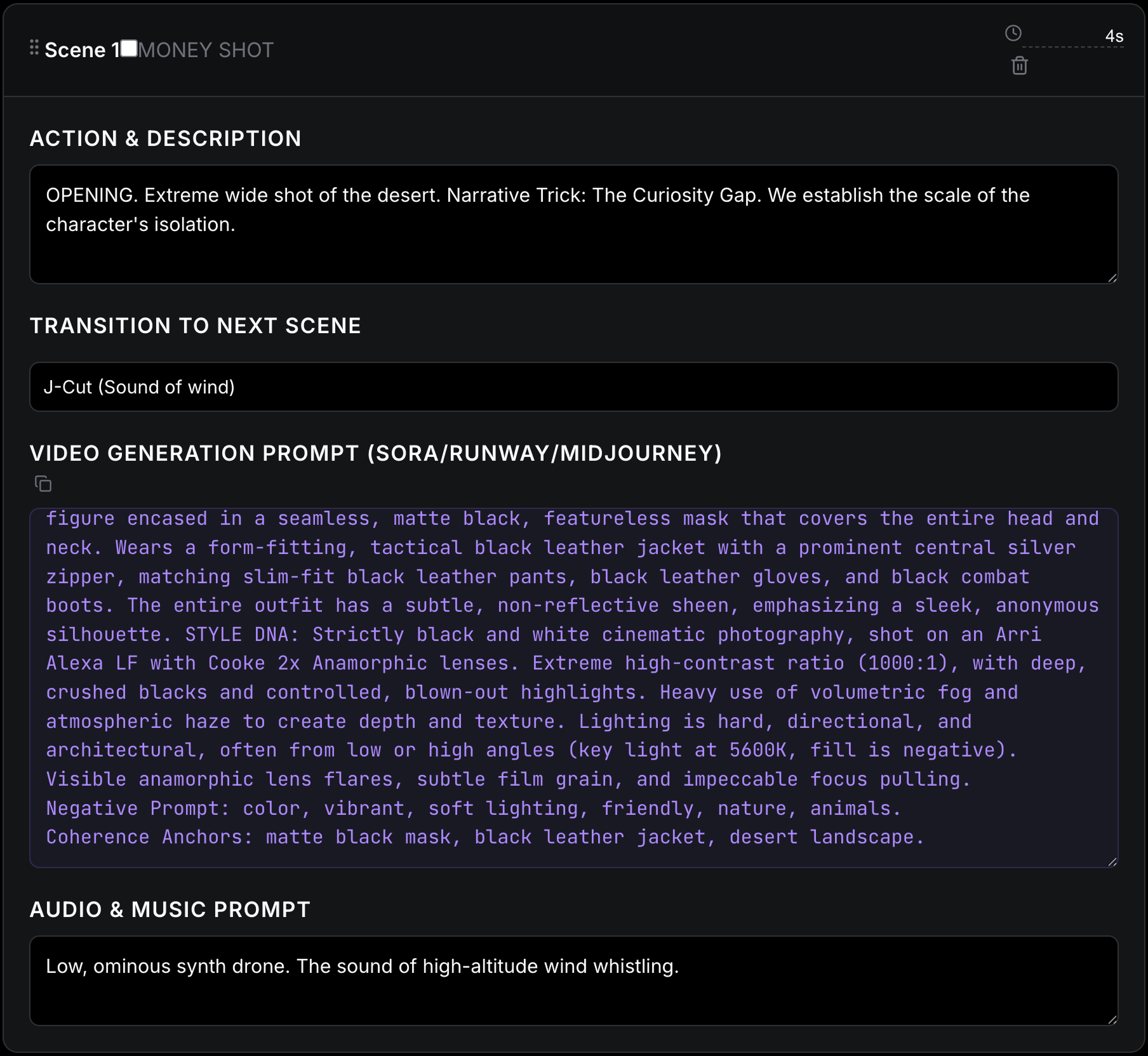 Version 2 detailed output view showing scene breakdown with action description, transition, video generation prompt, and audio guidance